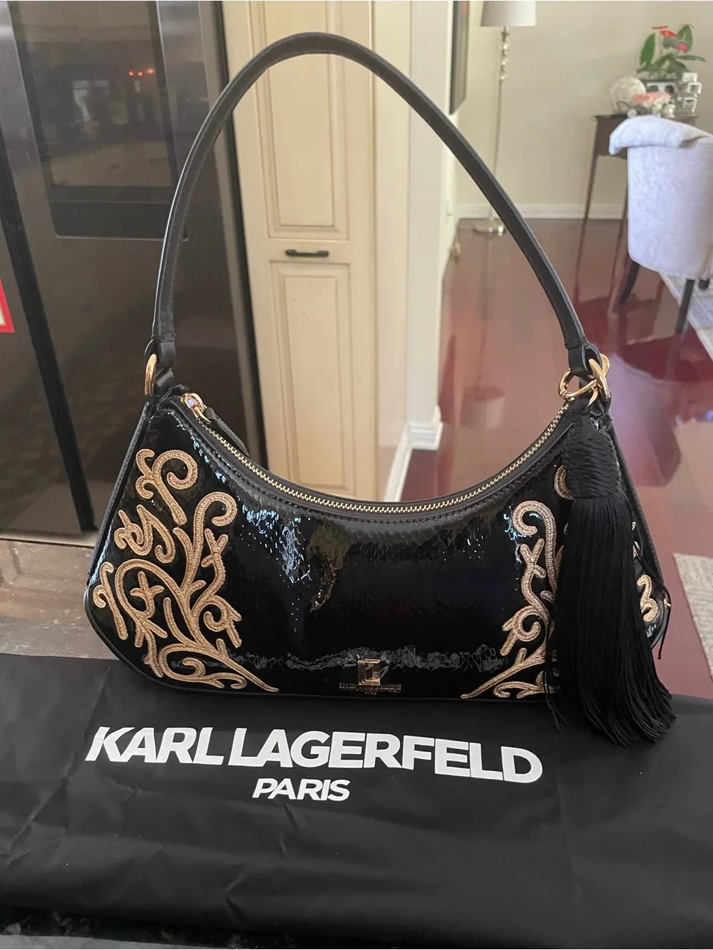 Karl Lagerfeld Black Patent Embroidered Tassel Shoulder Bag - Picture 1 of 8